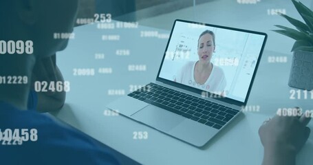 Poster - Animation of numbers changing over african american woman discussing with colleague over video call