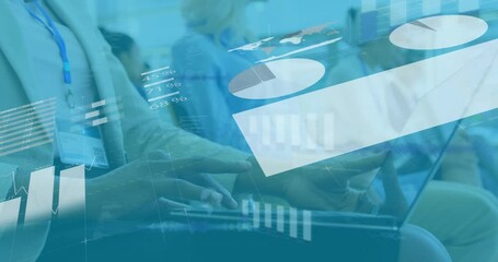 Poster - Animation of infographic interface over midsection of caucasian businesswoman working over laptop