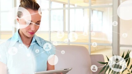 Poster - Animation of connected profile icons over smiling caucasian businesswoman working on digital tablet