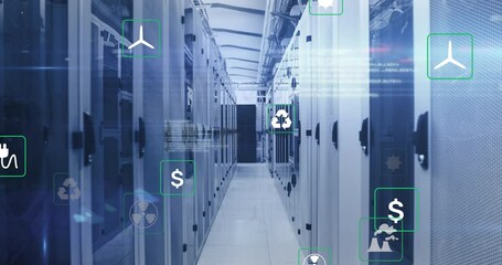 Poster - Animation of multiple icons, computer language over corridor of data server room