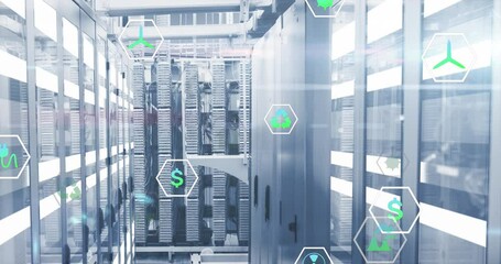 Poster - Animation of icon in circles over moving bars on data server systems in server room
