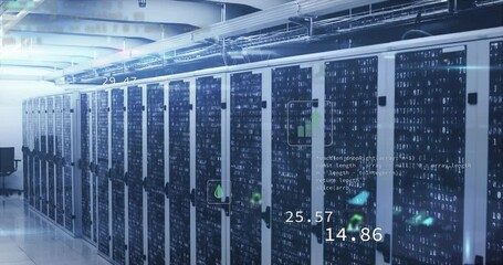 Poster - Animation of icons, computer language over binary codes on data server racks in server room