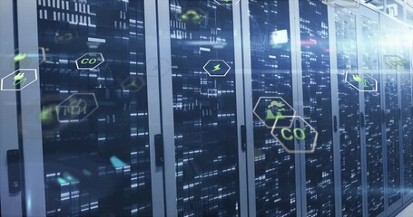 Poster - Animation of multiple icons with lens flares over bars on data server racks in server room
