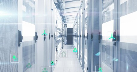 Poster - Animation of multiple icons and lens flares over data server racks in server room