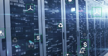 Poster - Animation of multiple icons with lens flares over bars on data server racks in server room