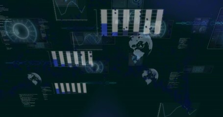 Poster - Animation of moving screens with scanning circles, graphs, globe and programming languages