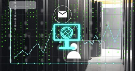Poster - Animation of computer with globe, binary codes, graphs, social media icons over data server room