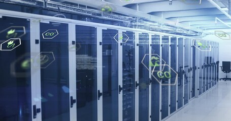 Poster - Animation of multiple icons and computer language with lens flares over server room