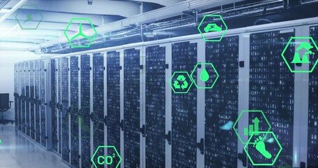 Poster - Animation of multiple icons and lens flares over binary codes on data server racks