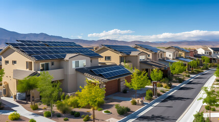 Eco friendly neighborhood with solar panels on houses roofs