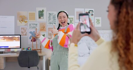 Canvas Print - Women recording dance with phone screen, friends and post for content creation, happiness and fun. Smile, energy and music, influencer streaming viral video for social media challenge on smartphone.