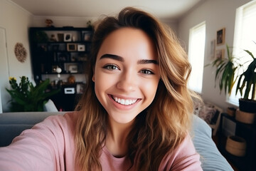 Selfie picture of a happy young pretty millennial woman smiling at the camera in the living room in a modern home