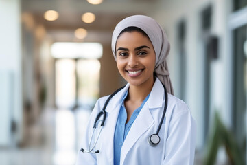 Portrait of young female doctor studying at the hospital , woman doing medicine studies