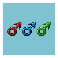 Poster - Pixel art sets of male sign with variation color items asset. red,blue,and green male sign on pixelated style.8bits perfect for game asset or design asset element for your game design asset.