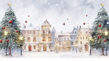 Snowy Town Square and Festive Decorations Merry Christmas Postcard, watercolor style, with copy space