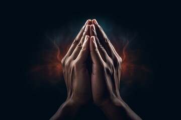 praying hands with faith in religion and belief in god on dark background. power of hope or love and