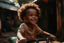 Close Up Of A Toddler Riding A Tricycle, With A Big Smile On His Face As They Explore The Neighborhood. The Background Showcases A Quiet Street With Houses And Trees. Generative AI.