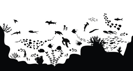 silhouette of coral reef with fish on white sea background underwater vector illustration	
