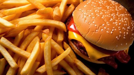 Wall Mural - Top view of tasty cheeseburger with french fries, close up