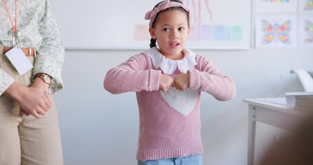 Aufkleber - Girl child, classroom presentation and speech for oral assessment with teacher, development and language. Shy female kid, story and speaking for test, exam and education in class, school or academy
