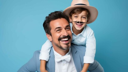 Father and son with mustaches over blue background for Movember.