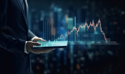 Wall Mural - Businessman holding stock tablet and market economy graph statistic showing growth of profit analyzing financial exchange on increase money background with trade chart finance data, Generative AI