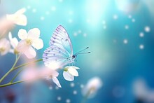 Beautiful White Butterfly On White Flower Buds On A Soft Blurred Blue Background Spring Or Summer In Nature. Gentle Romantic Dreamy Artistic Image, Beautiful Round, Generative AI