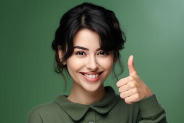 Wall Mural - Close-up portrait photography of a tender girl in her 30s raising both thumbs up against a pastel green background. With generative AI technology