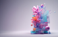 Abstract Stylish Sculpture Of A Vase With Flower Made Of Reflective Plastic Materials, Colors That Change With Viewing Or Illumination Geometry, Futuristic Iridescent Concept.