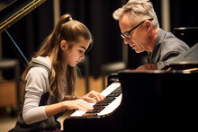 Elderly Male Teacher Giving Piano Lessons For Young Lady