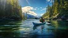 Man Kayaking On A Beautiful Clear Lake In The Mountains
