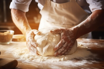 Close-up of a male bakery chef kneading dough to make delicious bread. Lifestyle concept suitable for meals and breakfast.