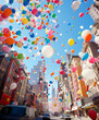 In a city street full of tall buildings in the city center, colorful pastel helium balloons fly into the sky, happiness and joy in a dull gray concrete environment.