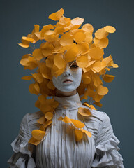 Autumn portrait of a young woman in white costume. A beautiful girl covered in yellow and brown Autumn leaves from a tree. Fall is an art and romance.