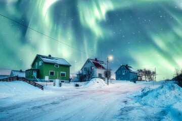 Wall Mural - Aurora borealis over scandinavian wooden house with snow covered in the night on winter at Lofoten Islands