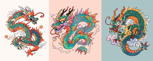 Three Various Cards With Dragons. Mythological Creatures.