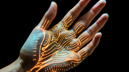 The palm of a hand resting on a biometric scanner, its intricate patterns of veins and fingerprints being illuminated and analyzed