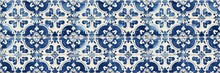 Blue White Abstract Mosaic Tiles Background Banner Panorama Long - Painting Moroccan Portuguese Tile Wall Texture, Seamless Pattern