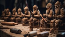 Photo Of A Collection Of Intricately Carved Wooden Figurines Displayed On A Table