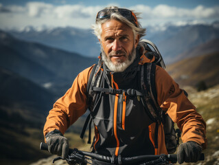 Wall Mural - senior riding bike on the mountain