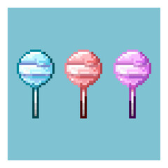 Poster - Pixel art sets of lollipop candy for with variation color items asset.blue,pink,and purple lollipop on pixelated style.8bits perfect for game asset or design asset element for your game design asset.