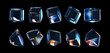 3d crystal glass cubes with refraction and holographic effect isolated on black background. Render transparent glass rotate box with overlay dispersion light, rainbow gradient. 3d vector illustration