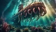 Altes U-Boot unter Wasser in einer fantasiewelt aus dem letzten Jahrhundert - KI illustration 