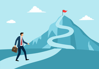 Businessman walking to the success flag on top of the mountain in flat design.  Symbol of the startup, business finance, achievement and leadership concept vector illustration.