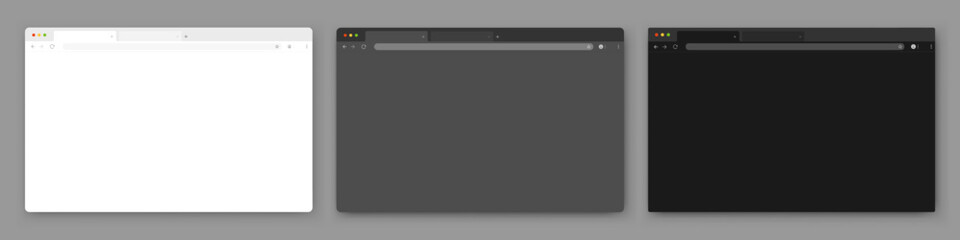 Fototapete - Browser windows. A set of realistic empty browser windows in white, gray and black with a toolbar, search bar and shadow on a dark gray background. Vector EPS 10.