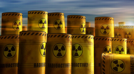 Wall Mural - Nuclear radioactive waste barrels in row