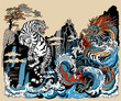 Azure Dragon and White Tiger Encounter at the Waterfall. Celestial feng shui animals. Mythological creatures facing each other surrounded by water waves. Chinese landscape. Vector illustration in grap