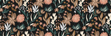 Seamless Floral Pattern With Colors In A Muted Trending Color Palette, Cute Ditsy Print With  Botanical Motif. Beautiful Flower Surface Design With Hand Drawn Plants: Flowers, Leaves, Twigs...Vector
