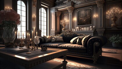 Wall Mural - Bright luxurious royal living room with elegant furnitures, giant windows and antique chandelier