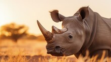 Close Up Portrait Of A Rhinoceros In The African Savanna During A Safari Tour